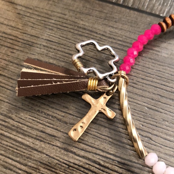 CANVAS Memory Wire Bracelet w/ Leather Tassel & Cross Charms - Picture 3 of 9